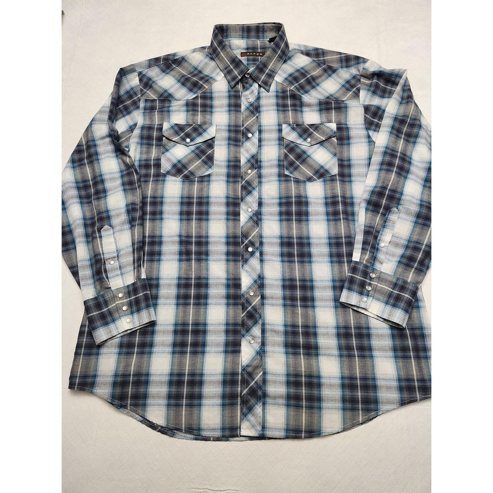 Roper Shirt Mens 3XL Blue Plaid Western Pearl Snap Long Sleeve Pockets Casual